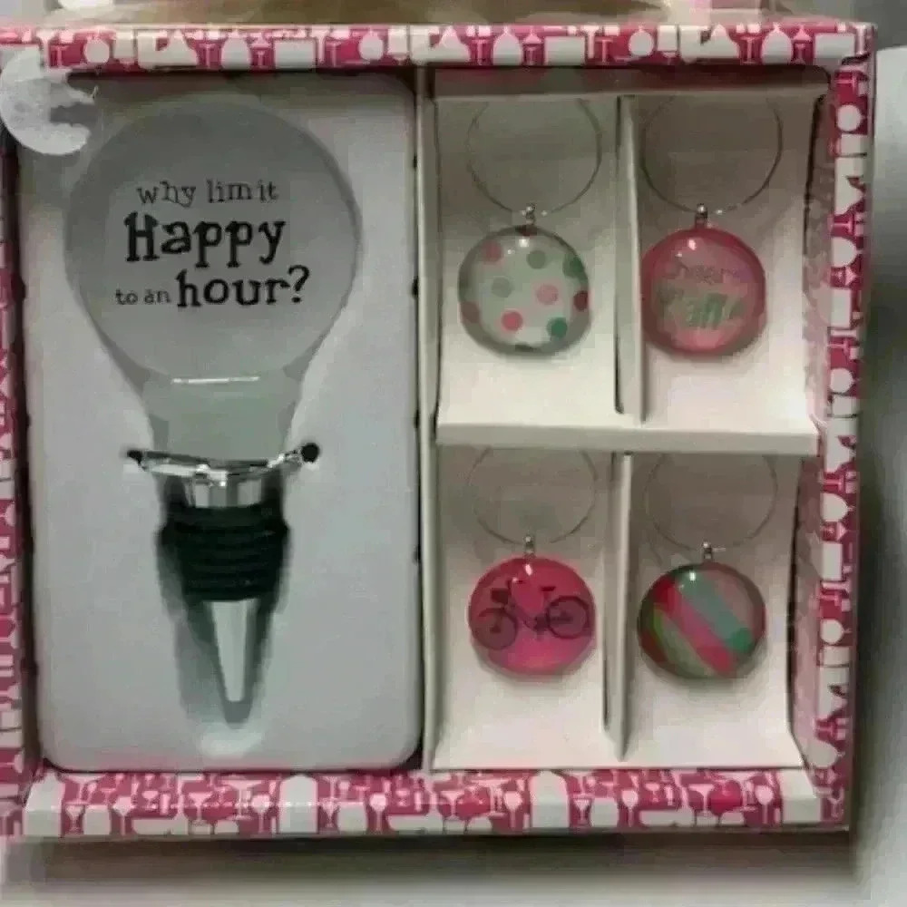Wine Bottle Stopper and Wine Glass Charm Gift Set